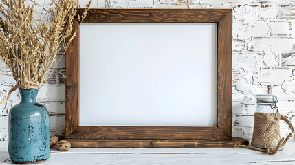Wooden frame mockup with blank canvas on a whitewashed brick wall, coastal charm, iso A paper size, framed wall poster template, front perspective