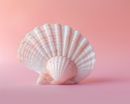 Minimalist image of white seashell against soft pink background. Perfect for beach-themed design, invitations, and decor inspiration.