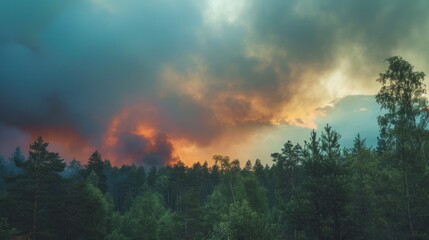 Obraz premium A forest with a fire in the background