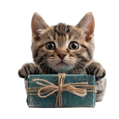 A mischievous Munchkin cat, brought to life in 3D, peeking playfully from behind a gift box, set against a clean white background.