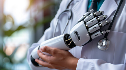 Close-up of doctor with artificial prosthetic arm wearing lab coat and stethoscope. Integrating AI and advanced robotics in modern healthcare and treatment.