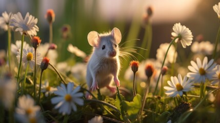 Cute Mouse in a Field of Daisies