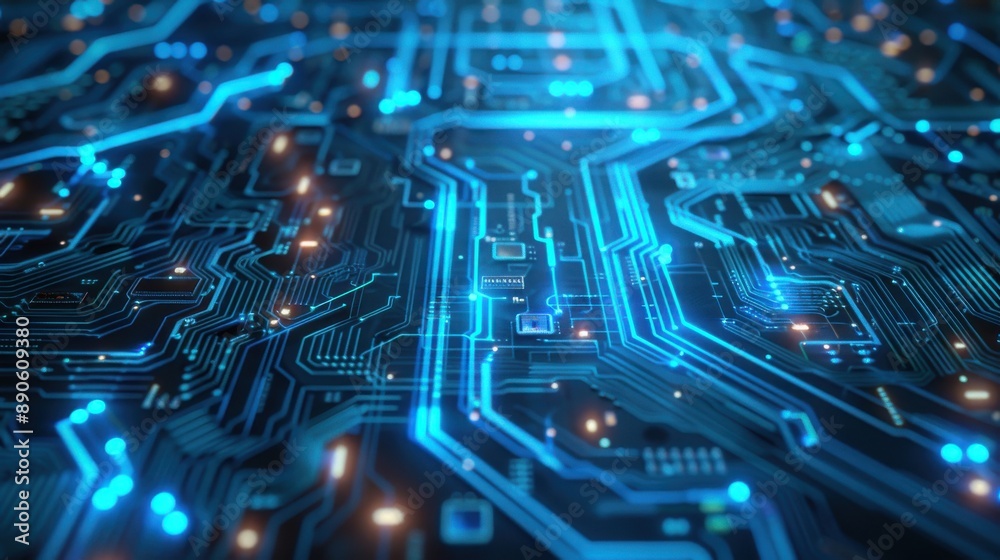 Wall mural abstract blue circuit board background with glowing lines and patterns, technology concept for digit