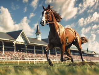 Fototapeta premium Racehorse Forever Young Gallops Towards Victory at the Racetrack