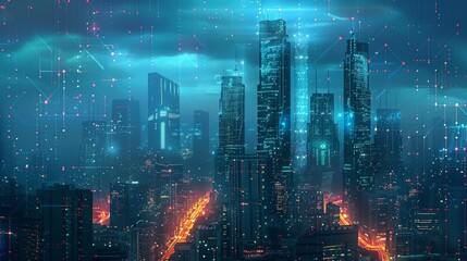 Fototapeta premium Futuristic Smart Cyber City illustration: Innovative Urban Landscape in Digital Circuitry, futuristic technology concept, Graphic Resources, Wallpapers, Brochure, Websites, banner design, Advertising,