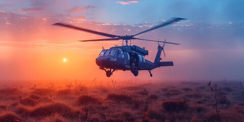 Black Hawk Helicopter Soaring Through a Misty Sunrise