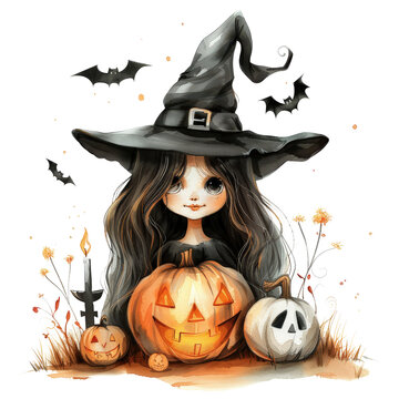 witch girl with pumpkins halloween watercolor clip art preview