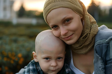 Obraz premium Young mother with little son with cancer without hair outdoors