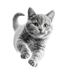 Obraz premium A 3D elegant cat, gracefully leaping through the air, its form captured mid-flight against a pure white backdrop.