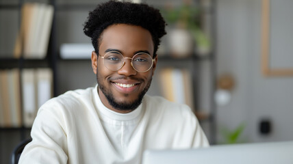 Obraz premium Young man with glasses wearing a white working on a laptop in a home office. The background features bookshelves and a cozy atmosphere.