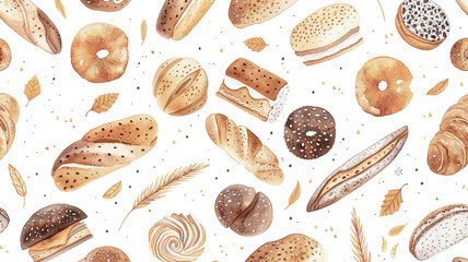 water color of organic homemade brown bread.french bread collection background.illustration food manu pattern design