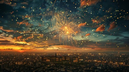 Fireworks Over Cityscape at Sunset.