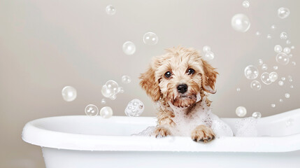 a playful puppy in a white bathtub filled with bubbles, clean pet grooming