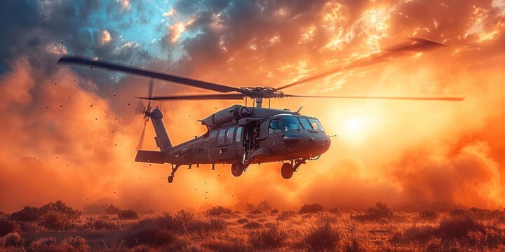 Blackhawk Helicopter Flying Through Dramatic Sunset