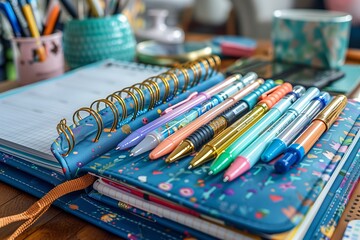 Obraz premium Colorful Pens Tucked Inside A Blue And Gold Spiral Bound Notebook