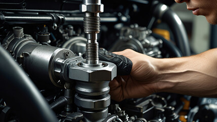 close-up of a mechanic hand disassembled car engine