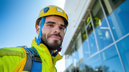 close-up portrait of a window cleaner outside of a building, with the cleaner's face, safety helmet, and harness 