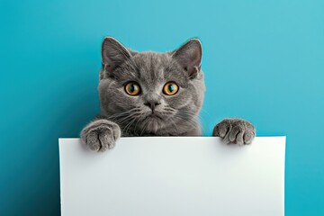 Grey cat with empty white banner for text