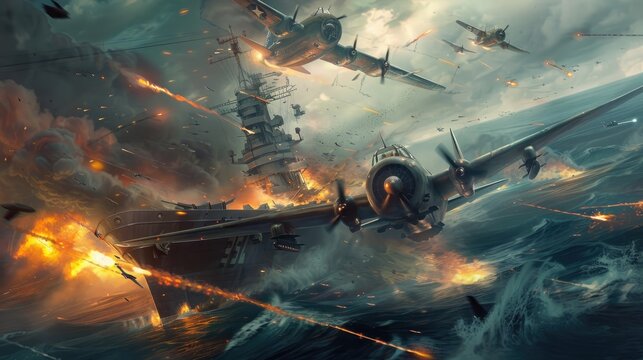 A squadron of fighters protecting a capital ship from incoming enemy bombers.