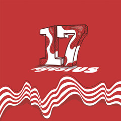 Typography number of 17 in red white texture hand drawn design with waving red white ribbon