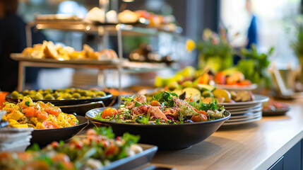 Obraz premium A table full of food with a variety of dishes including salads, vegetables
