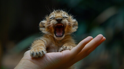 Obraz premium a woman's hand with a micro tiny lion roaring on her finger,generative ai