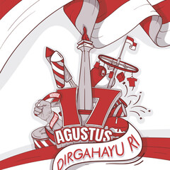 Doodle art about the iconic Indonesian with the large 3D number 17 and Agustus means is August