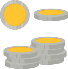 Golden in silver coin stack set, Gold and Silver coin stack set, Flat cartoon coins, Set of coin isolated.
