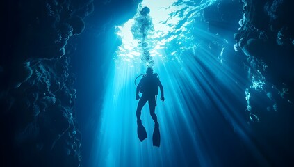 Scuba diver diving towards sun and boat on background underwater