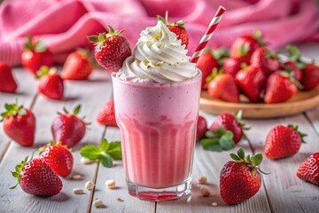Refreshing strawberry milkshake with whipped cream and a straw on the table surrounded by fresh strawberries.