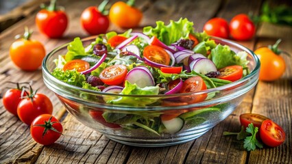 A close-up of a fresh garden salad in a glass bowl, featuring a vibrant mix of romaine lettuce, cherry tomatoes, cucumbers, red onions, and shredded carrots, drizzled with balsamic vinaigrette.