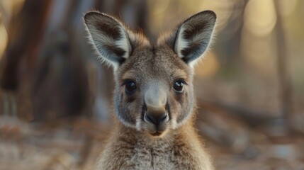 Close up portrait of a kangaroo looking at the camera with a blurred background