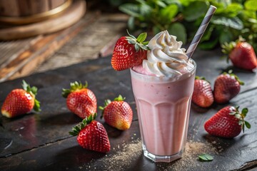 Refreshing strawberry milkshake with whipped cream and a straw on the table surrounded by fresh strawberries.