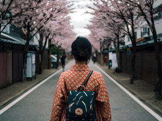 Fototapeta premium Mujer japonesa desde atrás caminando por la calle Japón durante la plena floración de los cerezos en primavera 