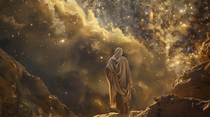 Obraz premium The call of Abraham, with Abraham looking up to the stars, and God promising him descendants as numerous as the stars.