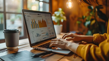 Analista que trabaja en el análisis de datos o en el tablero de control de BI en el monitor de la computadora Equipo de negocios que analiza datos financieros de Fintech en la oficina corporativa AI