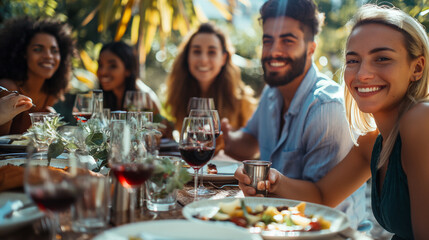 Friends Enjoying a Cozy Outdoor Dinner Party.
A group of friends smiles and enjoys a cozy dinner party outdoors, surrounded by greenery. The table is set with delicious food and wine, creating a warm 