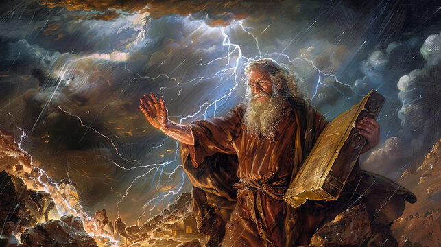 Moses receiving the Ten Commandments on Mount Sinai, with thunder and lightning, and Moses holding the stone tablets.