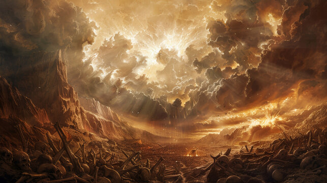 The vision of Ezekiel, with a valley of dry bones coming to life, forming into an army, under a dramatic, dark sky.