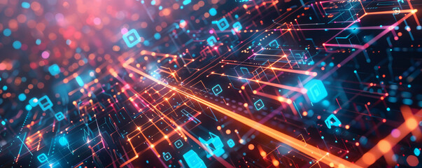 Obraz premium A high-tech illustration with a square grid, crisscrossing lines, and glowing dots, symbolizing the interconnectedness of modern technology.