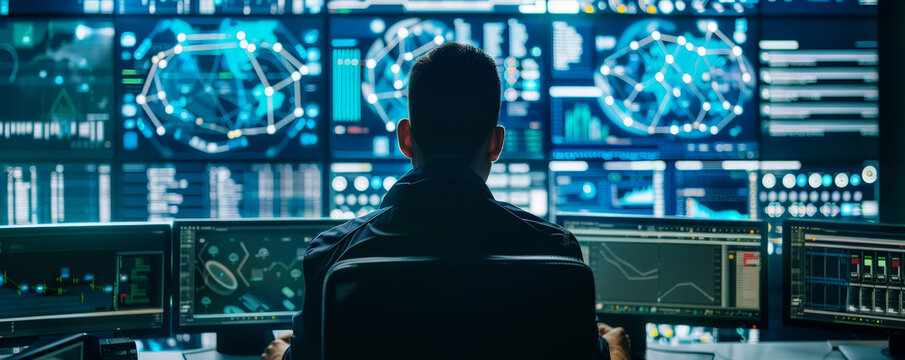 A cybersecurity analyst, a French male, skilled in advanced threat detection and creating robust security protocols, working on multiple high-tech devices in a secure environment.