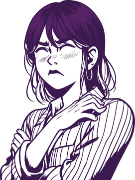 personagem, mulher bra&ccedil;os cruzados, raiva, nojo, emo&ccedil;&atilde;o, careta, frio