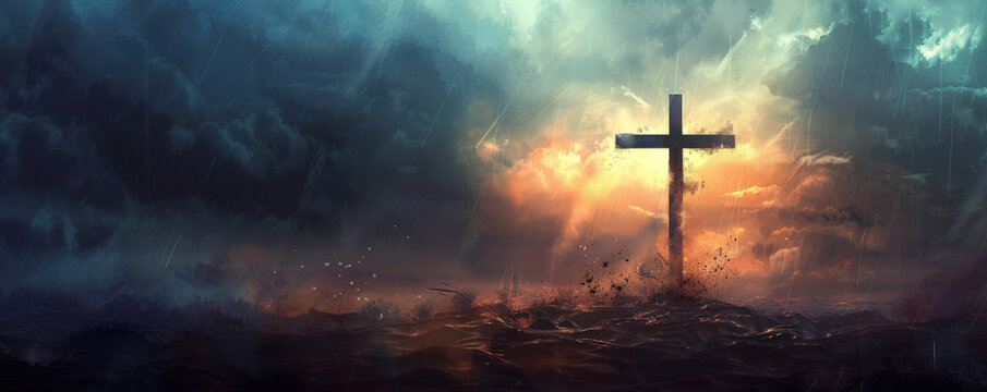 A powerful image of the Crucifixion, with an abstract cross against a stormy, darkened sky, and light rays breaking through, symbolizing redemption.