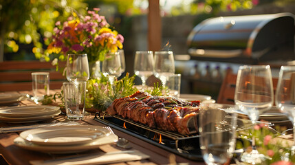 mesa decorada para evento con comida gastronomica mesa elegante para celebracion cortes finos de carne al aire libre banquete para fiesta