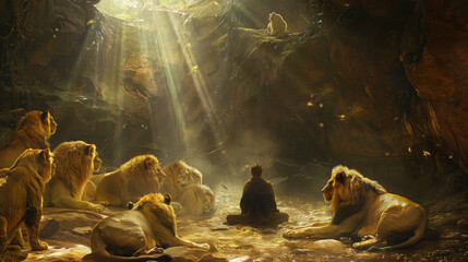 Daniel in the lions' den, with Daniel calmly praying and the lions peacefully lying around him, a beam of light illuminating the scene.