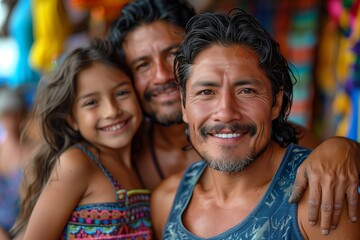 Fototapeta premium Smiling Family Portrait in Colorful Market Setting