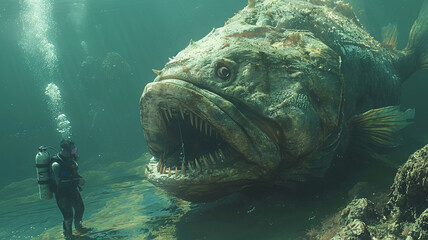 Xiphactinus swims near a diver in clear blue ocean, teeth bared.generative ai