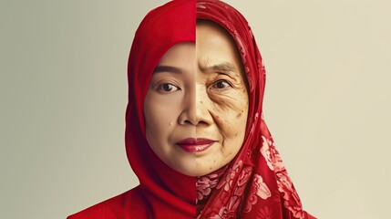 a poster of a malay lady in stylish red attire, half young and other half old face emphasizing aging skin. White clean background