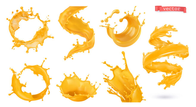 Fruit splashes. Orange juice, 3d realistic vector set