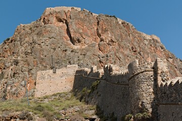 Landscape and Upper Town on Monemvasia island. Peloponnese. Laconia. Greece.
